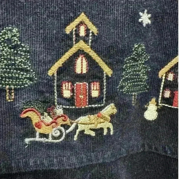 Christopher & Banks Embroidery Medium Blue Corduroy Christmas Village Jumper - Picture 8 of 12